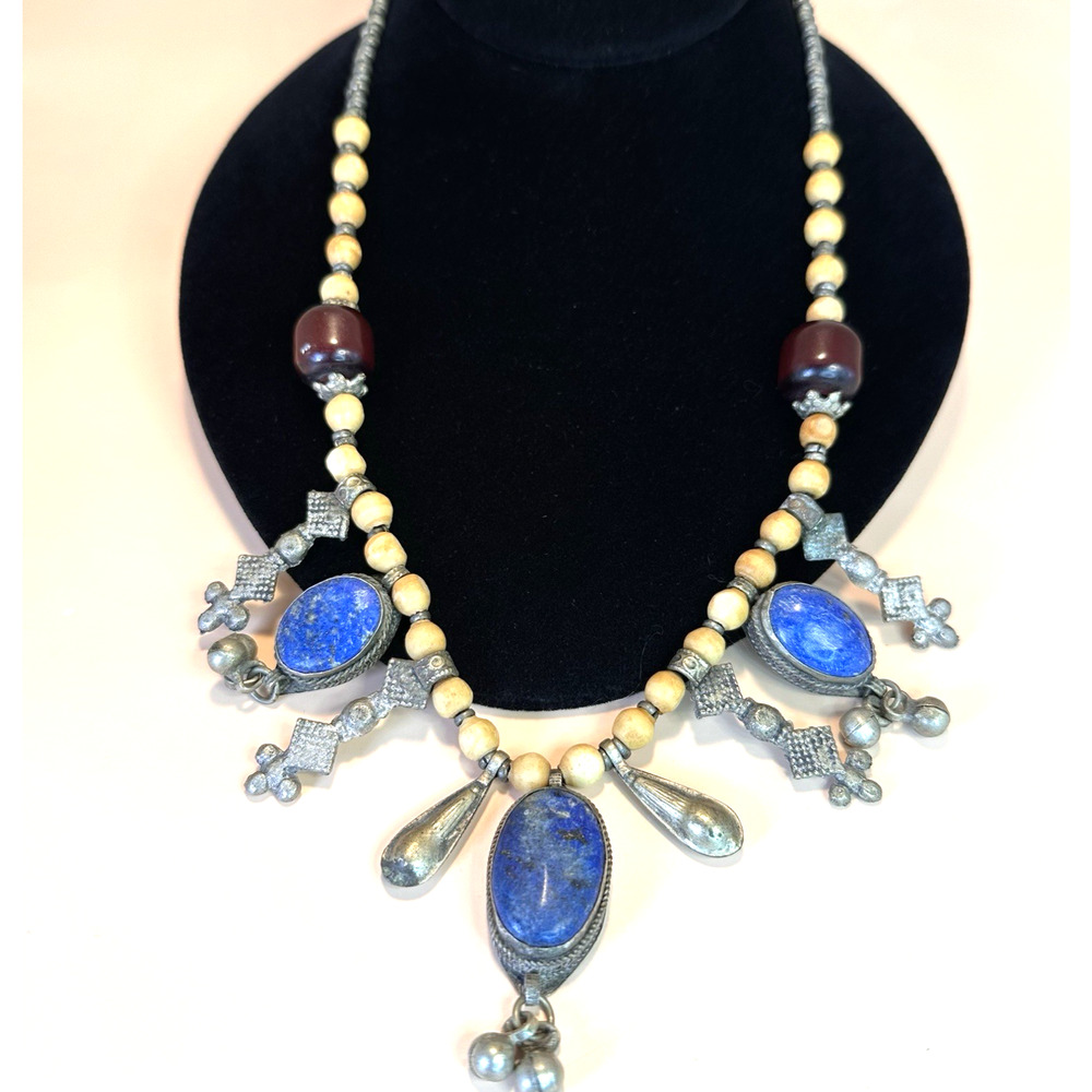 Vintage Blue Lapis Amber Afghani Tribal Kuchi Oval Necklace Silvertone 20"